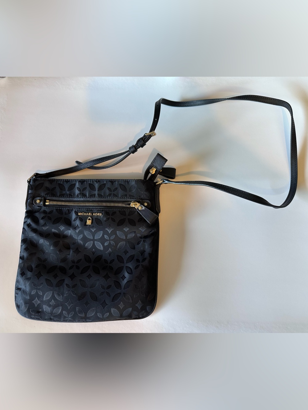 Michael Kors Black Floral Logo Crossbody with Gold Hardware